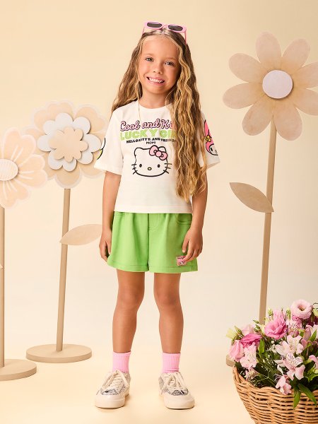Conjunto Infantil Menina Verde Matcha da Hello Kitty Strass e Mangas Estampadas Momi