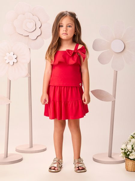 Conjunto Infantil Menina de Tricoline Vermelho Preppy com Babados e Laço Momi
