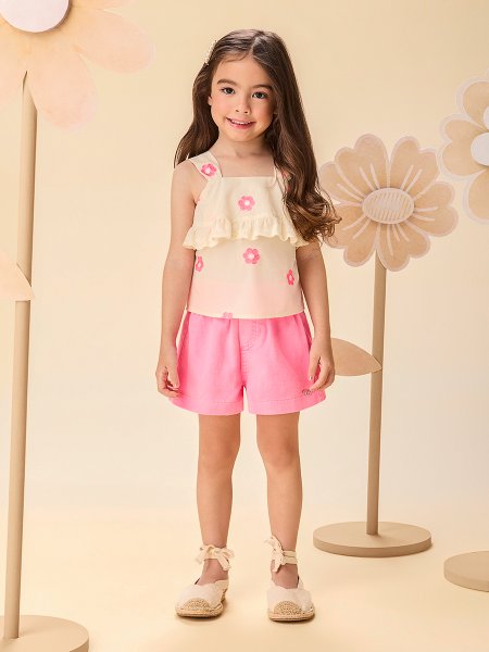 Conjunto Infantil Menina Rosa com Bordado de Flores e Babado de Renda Momi