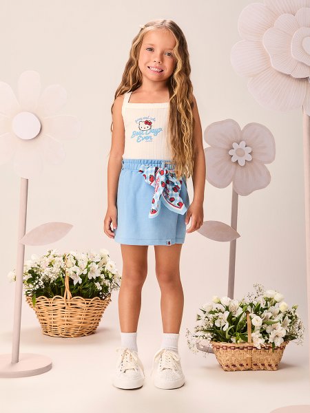 Conjunto Infantil Menina Canelado da Hello Kitty com Laço de Lenço Momi