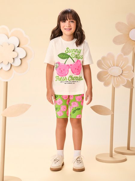 Conjunto Infantil Menina Ciclista Cherry Bear Neon Momi