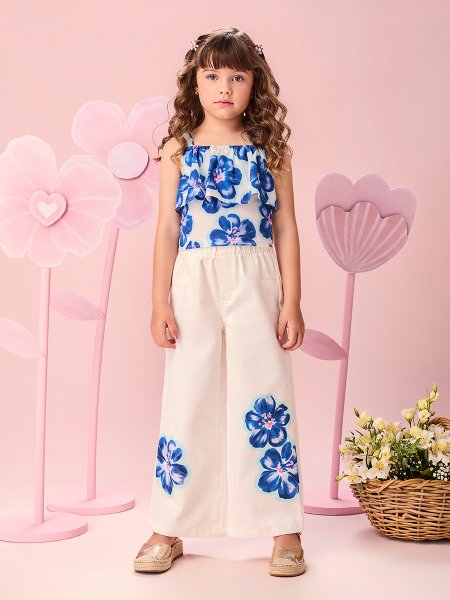 Conjunto Infantil Menina de Flores de Aquarela com Babados e Alças Momi