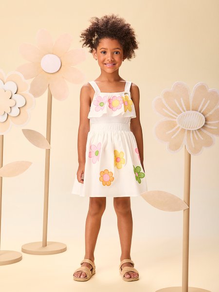 Conjunto Infantil Menina de Tricoline com Bordado de Flores com Babado Momi
