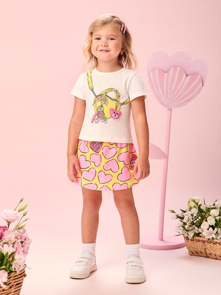 Conjunto Infantil Menina com Estampa de Bolsa e Ursinho 3D Momi