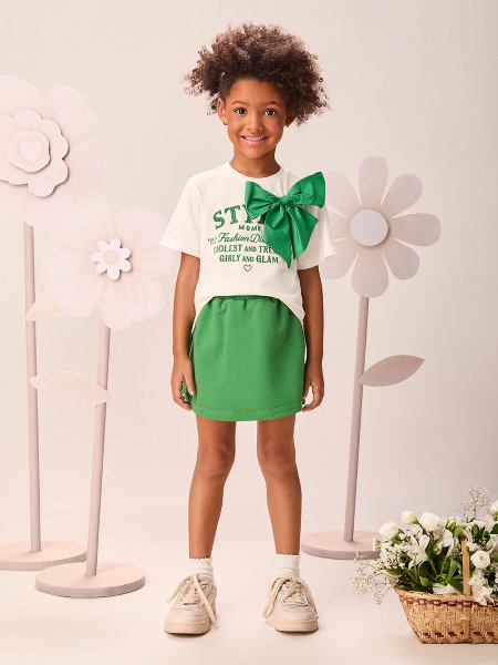 Conjunto Infantil Menina Verde com Máxi Laço e Strass Momi