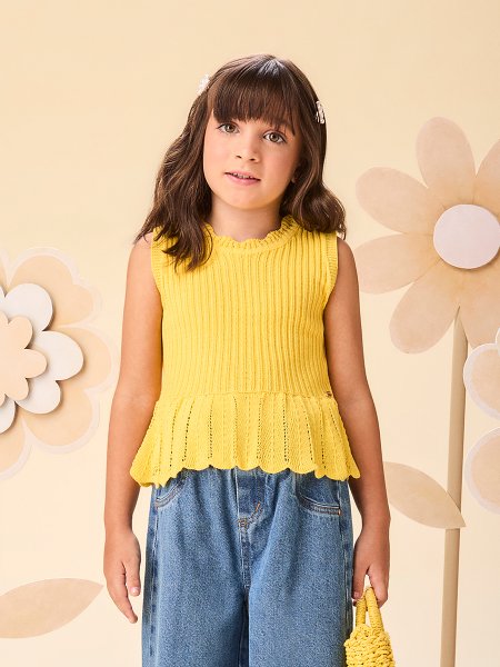 Regata Infantil Menina Tricot Amarelo Sun com Babados Momi