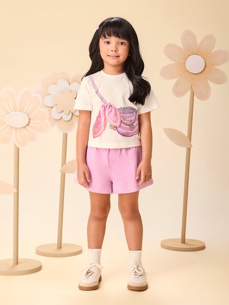 Conjunto Infantil Menina Lilás com Estampa de Bolsinha com Lenço Momi