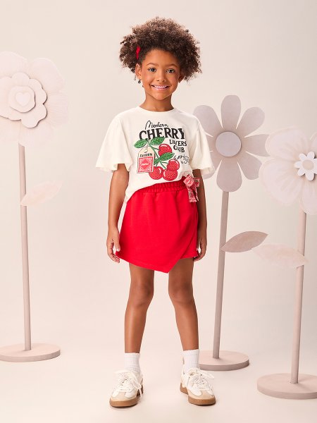 Conjunto Infantil Menina Vermelho Preppy de Cerejas com Strass Momi