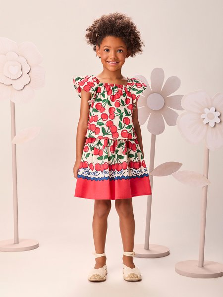 Conjunto Infantil Menina de Tricoline Cherry com Barrado Composé Momi