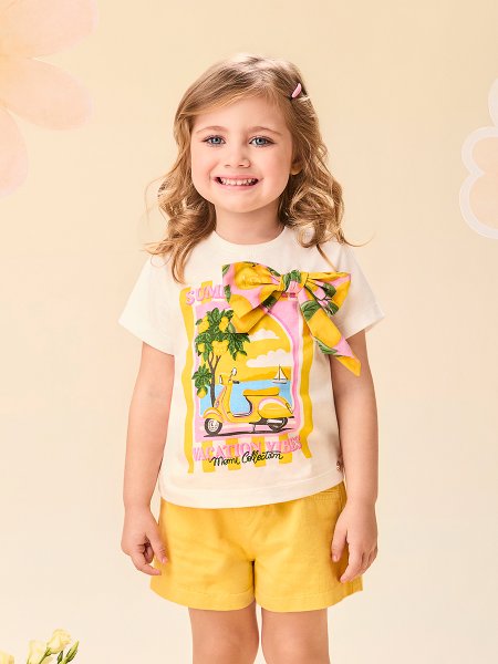 Blusa Infantil Menina Amarelo Sun Vacation Vibes com Laço Lemon Momi