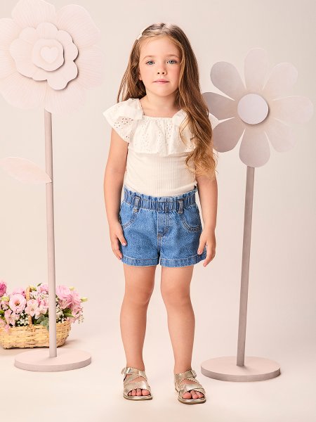 Blusa Infantil Menina Off com Máxi Babado de Laise com Laços Momi