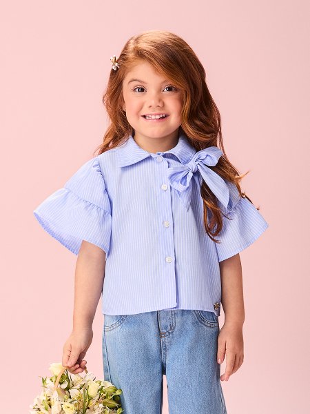 Camisa Infantil Menina Lilás MaliBlue Listrada com Mangas Evasê e Laço Momi