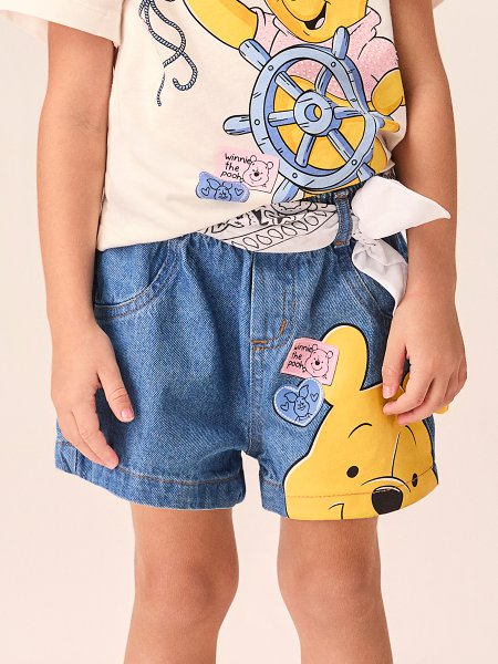 Shorts Infantil Menina Jeans do Pooh com Orelhinha 3D Momi