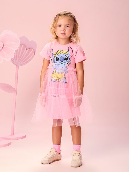 Vestido Infantil Menina Rosa do Stitch Havaiano com Sobreposição de Tule Momi