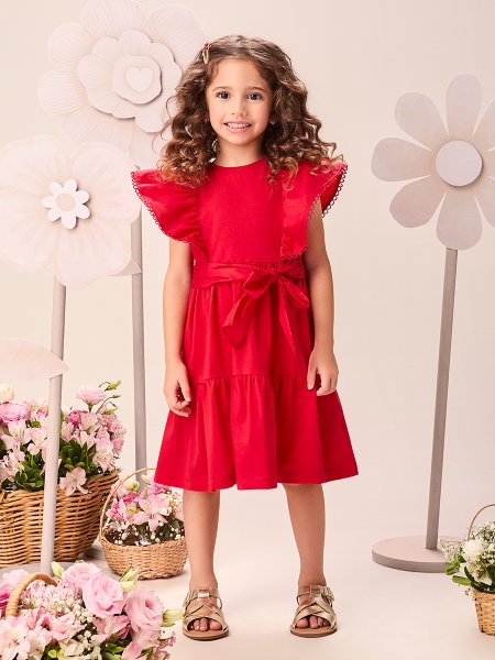 Vestido Infantil Menina de Tricoline Vermelho Preppy com Renda e Laço Momi