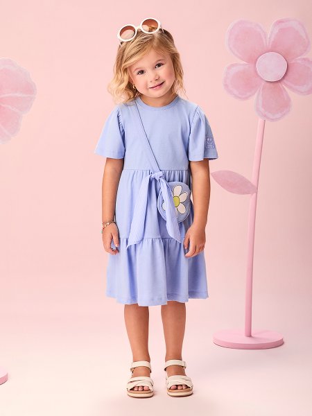 Vestido Infantil Menina com Bolsinha e Lenço Listrado Lilás Maliblue Momi