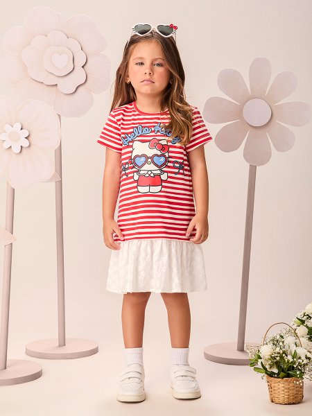 Vestido Infantil Menina Vermelho Preppy com Listras da Hello Kitty com Barra de Laise Momi