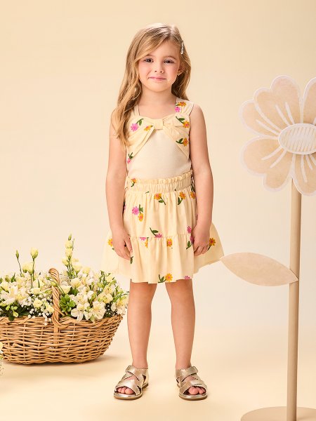 Conjunto Infantil Menina com Máxi Laço de Tricoline com Bordado de Flores Momi