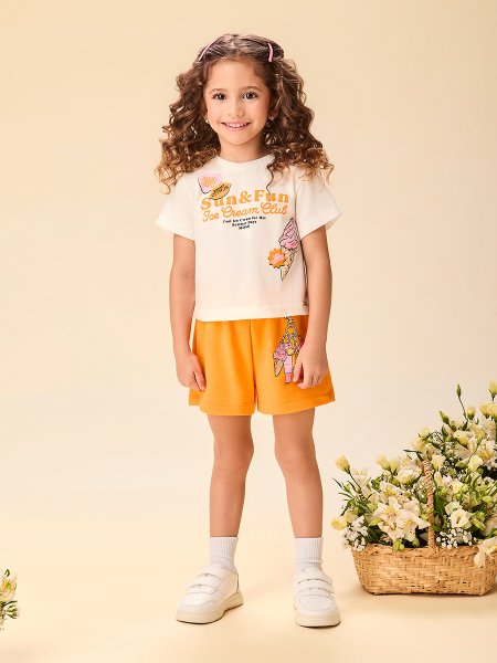 Conjunto Infantil Menina Laranja Sun & Fun com Chaveiro Fake Momi