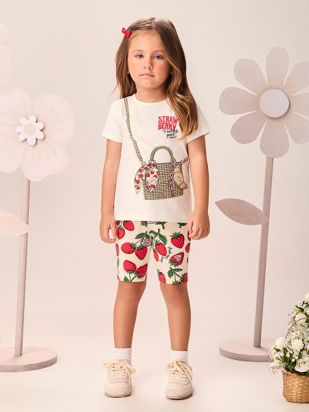 Conjunto Infantil Menina Ciclista Sweet Strawberries com Estampa de Bolsinha Momi