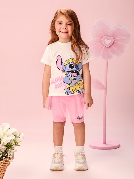 Conjunto Infantil Menina Aloha do Stitch Havaiano com Babados de Tule Momi