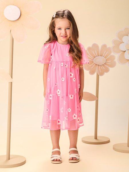 Vestido Infantil Menina de Tule Rosa Baby com Bordado de Flores Momi