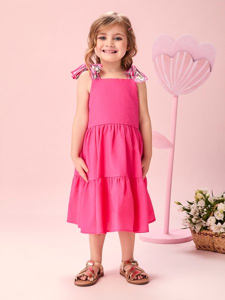 Vestido Infantil Menina de Anarrugas Pink com Alças Laço Momi