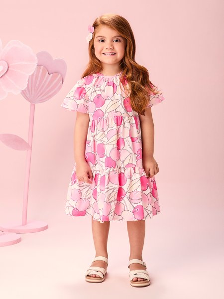 Vestido Infantil Menina de Tricoline com Estampa Pink Cherry e Mangas Evasê Momi