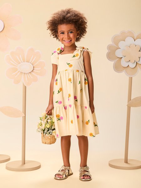 Vestido Infantil Menina de Tricoline com Bordado de Flores e Alças Laços Momi