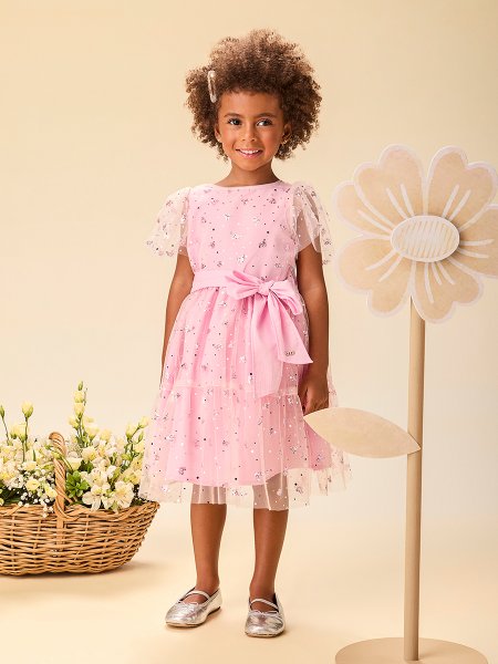 Vestido Infantil Menina Rosa Baby de Tule com Corações de Glitter e Laço Momi