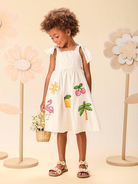 Vestido Infantil Menina de Tricoline com Bordado Tropical e Alças Laço Momi