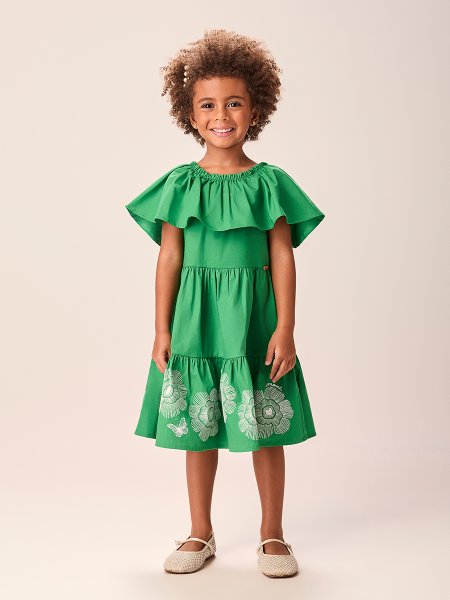Vestido Infantil Menina de Tricoline Verde com Máxi Babados e Bordados de Flores Momi