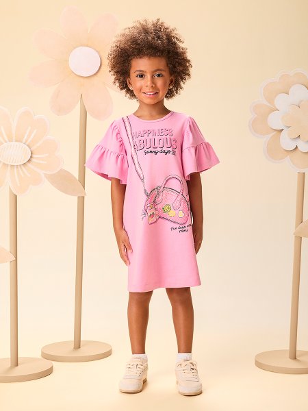 Vestido Infantil Menina com Estampa de Bolsinha com Strass e Mangas Evasê Momi