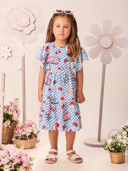 Vestido Infantil Menina com Listras Azuis Verão Europeu com Mangas de Evasê Momi
