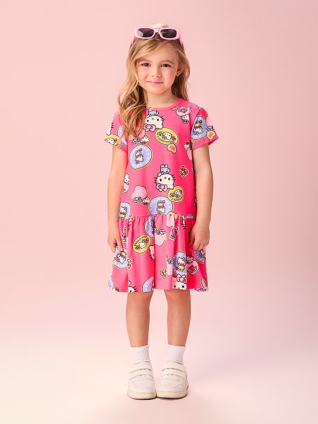 Vestido Infantil Menina Neon Etiquetas da Hello Kitty Momi