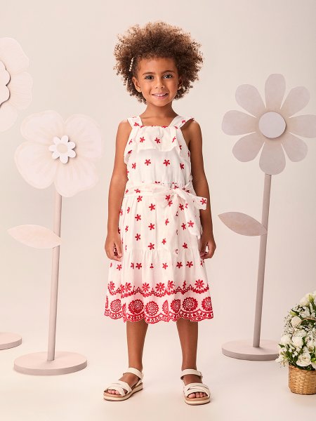 Vestido Infantil Menina de Tricoline com Babados e Bordado Floral Vermelho Preppy Momi