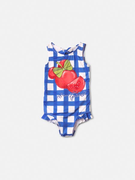 Maiô Infantil Menina Minnie Xadrez com Babados Azul Animê