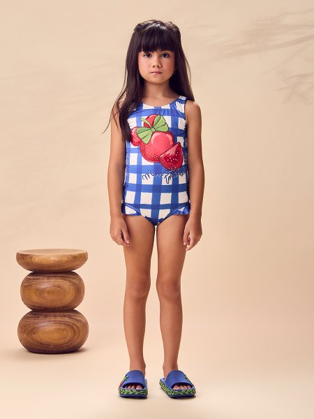 Maiô Infantil Menina Minnie Xadrez com Babados Azul Animê