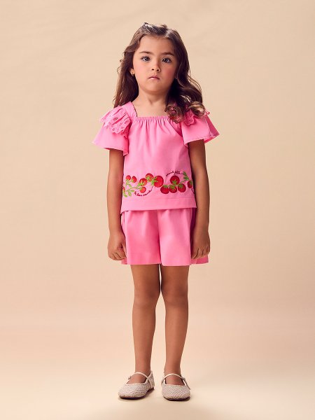 Conjunto Infantil Menina com Bordado de Tomates e Renda Animê