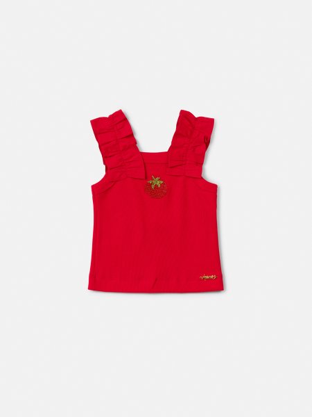 Blusa Infantil Menina Animê Canelada com Tomato em Pedraria e Mangas de Babado