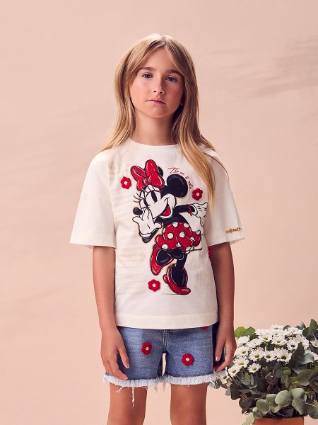 Blusa Infantil Menina Disney Minnie com Flores de Crochê da Animê