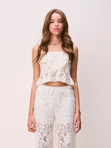 Top Feminino de Renda Off White com Babados Authoria