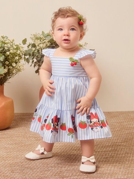 Vestido Tecido Listrado Minnie  Animê Bebê