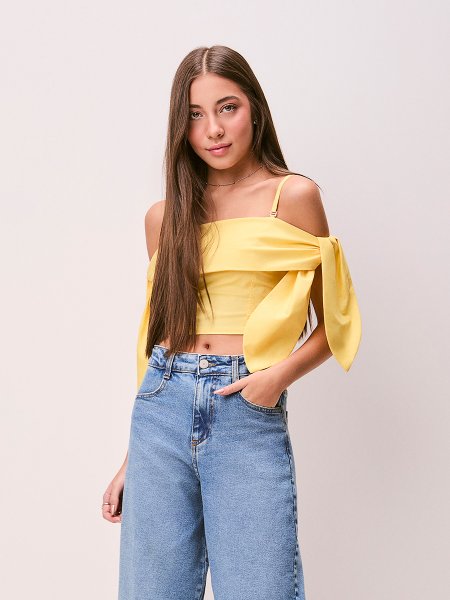 Top Feminino de Tricoline Amarelo com Laços Laterais Authoria