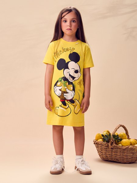 Vestido Infantil Menina Animê Disney Mickey Mouse com Limões e Strass Amarelo