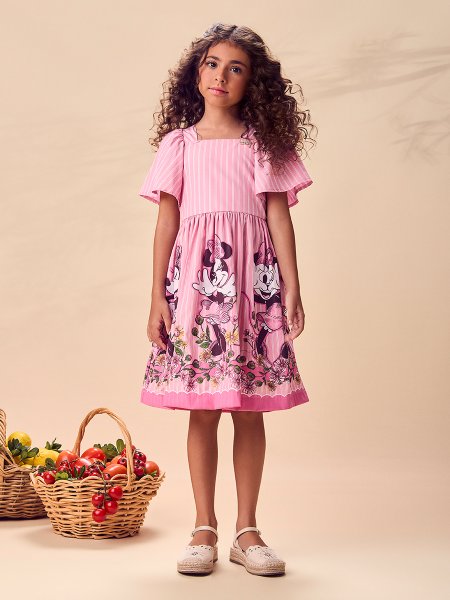 Vestido Disney Minnie com Flores Risca de Giz Animê