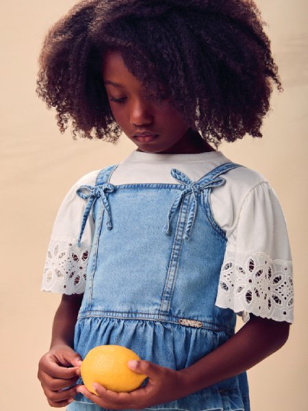 Top Infantil Menina Animê Jeans de Babado Peplum e Laços