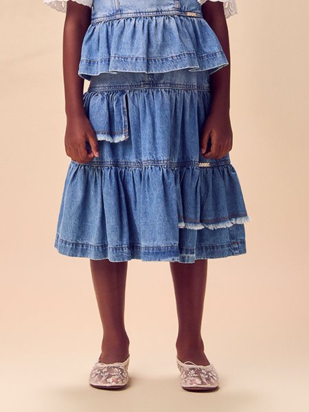 Saia Jeans Infantil Menina Midi Degrade com Babados Animê
