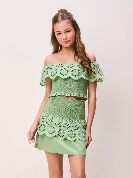 Top Feminino Ombro a Ombro de Lastex Verde e Babado Authoria