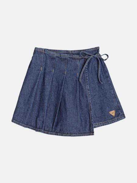 Short Saia Jeans Feminino com Pregas e Laço Authoria